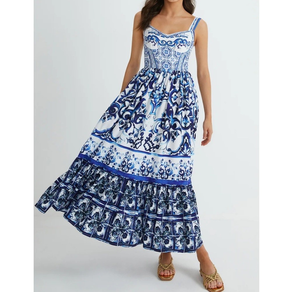 Commense Blue and White Printed Midi Dress
